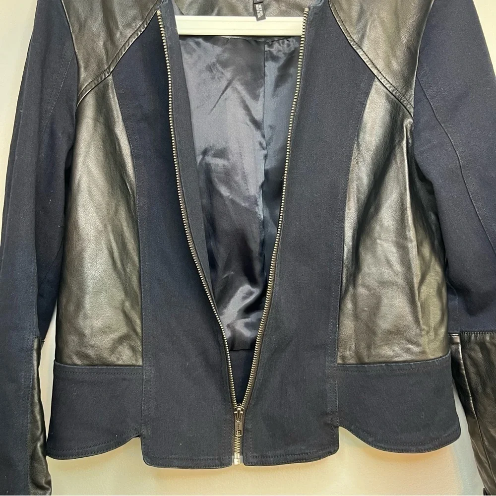 Kiind of Thalia faux leather two toned jacket Sz L Navy Black Cotton Chic City - Picture 9 of 14